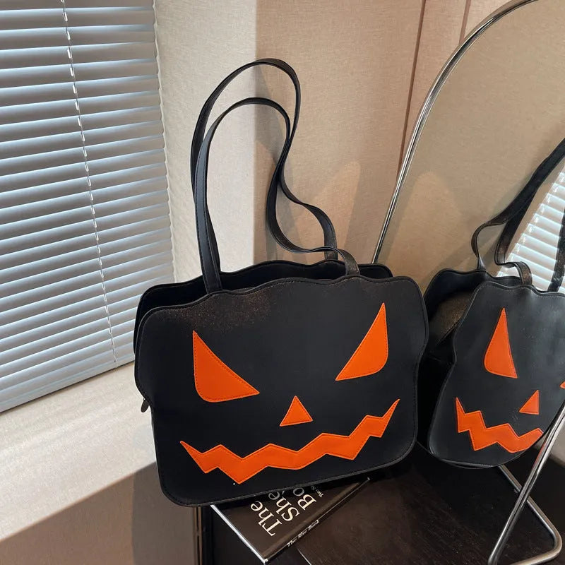 Women's fashion Halloween pumpkin shoulder messenger bag in PU leather, black and orange options