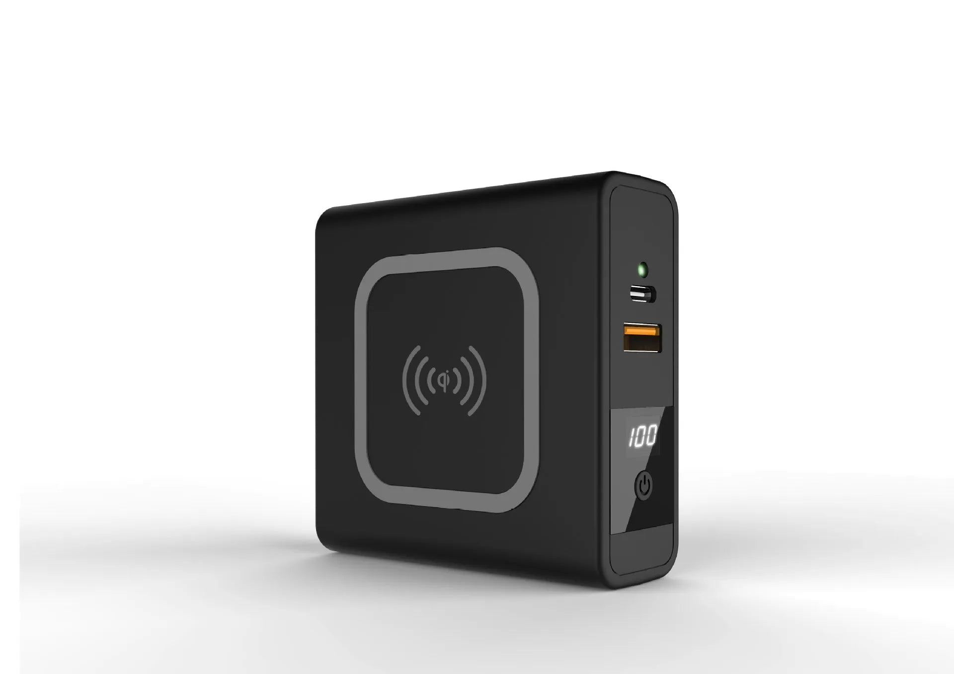 Black Super QI power bank with folding AC plug unfolded, showing wireless charging surface on top.