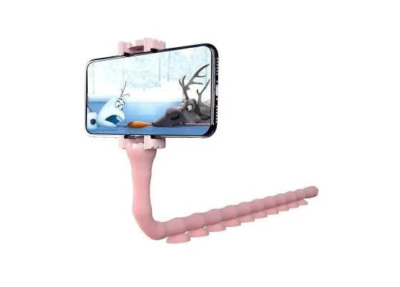 Flexible mobile phone holder with suction cup mount showing 62cm arm and 360-degree rotation capability
