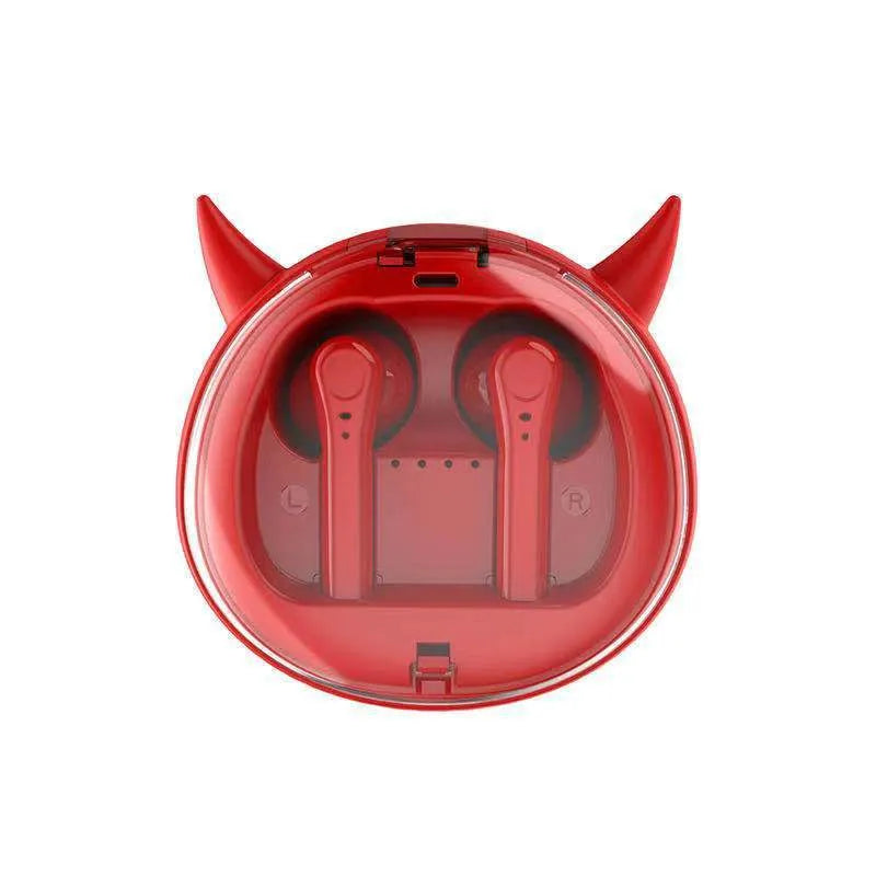 Red true wireless Bluetooth 5.0 in-ear headphones with charging case on a white background