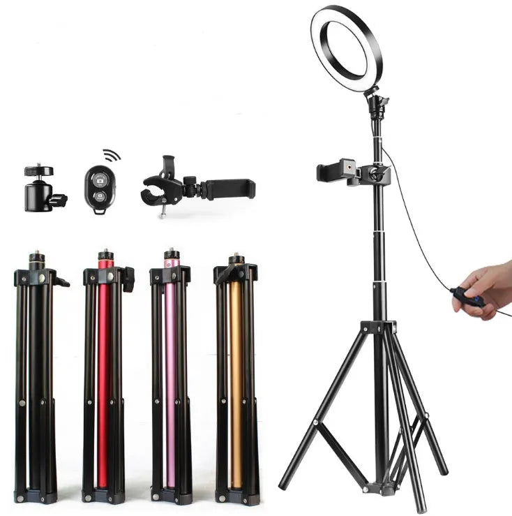 26cm RGB LED ring light kit with tripod stand, selfie stick, phone clip, and Bluetooth remote on a white background