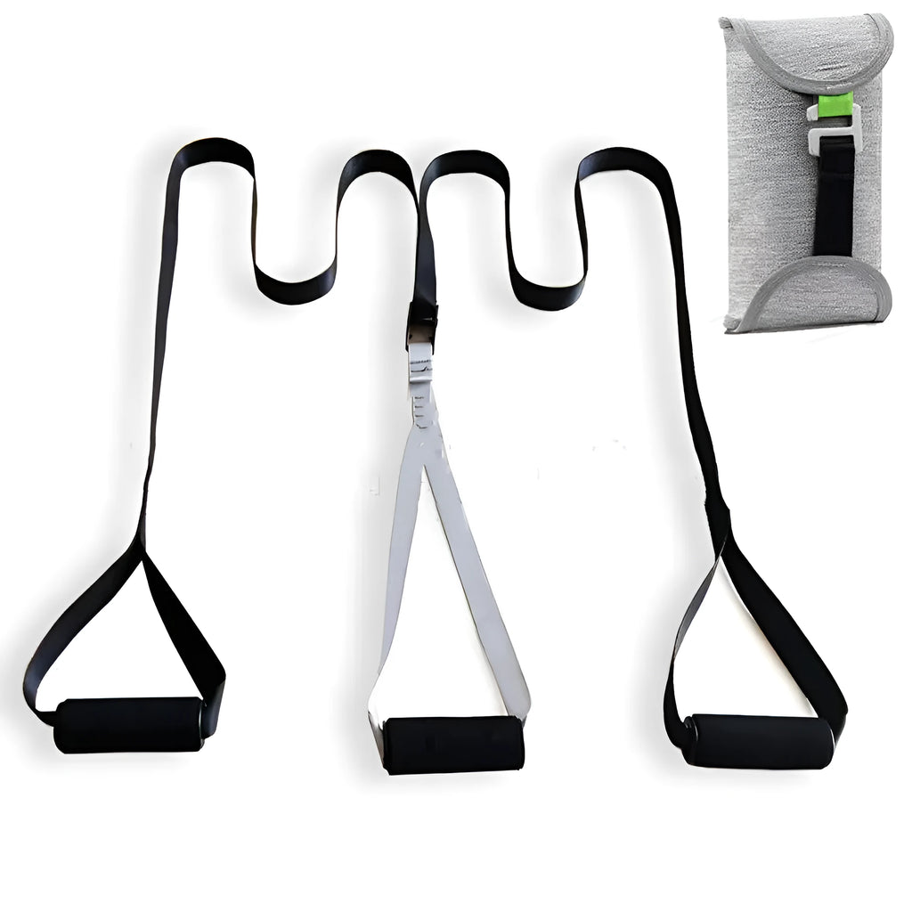 Black suspension training belt resistance band with 3.8cm nylon webbing and zinc aluminium alloy climbing hook, adjustable 1.3m to 1.8m