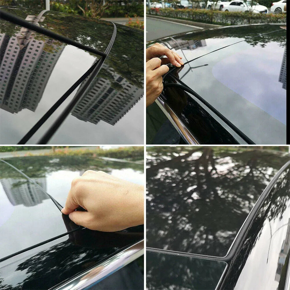 Tesla Model 3 black silicone sunroof seal 285 cm length on white background