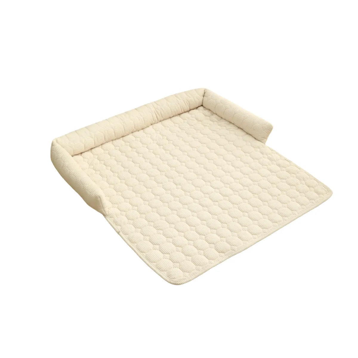 Thick corduroy pet bed mat with neck pillow in beige, 75x75cm, on a floor