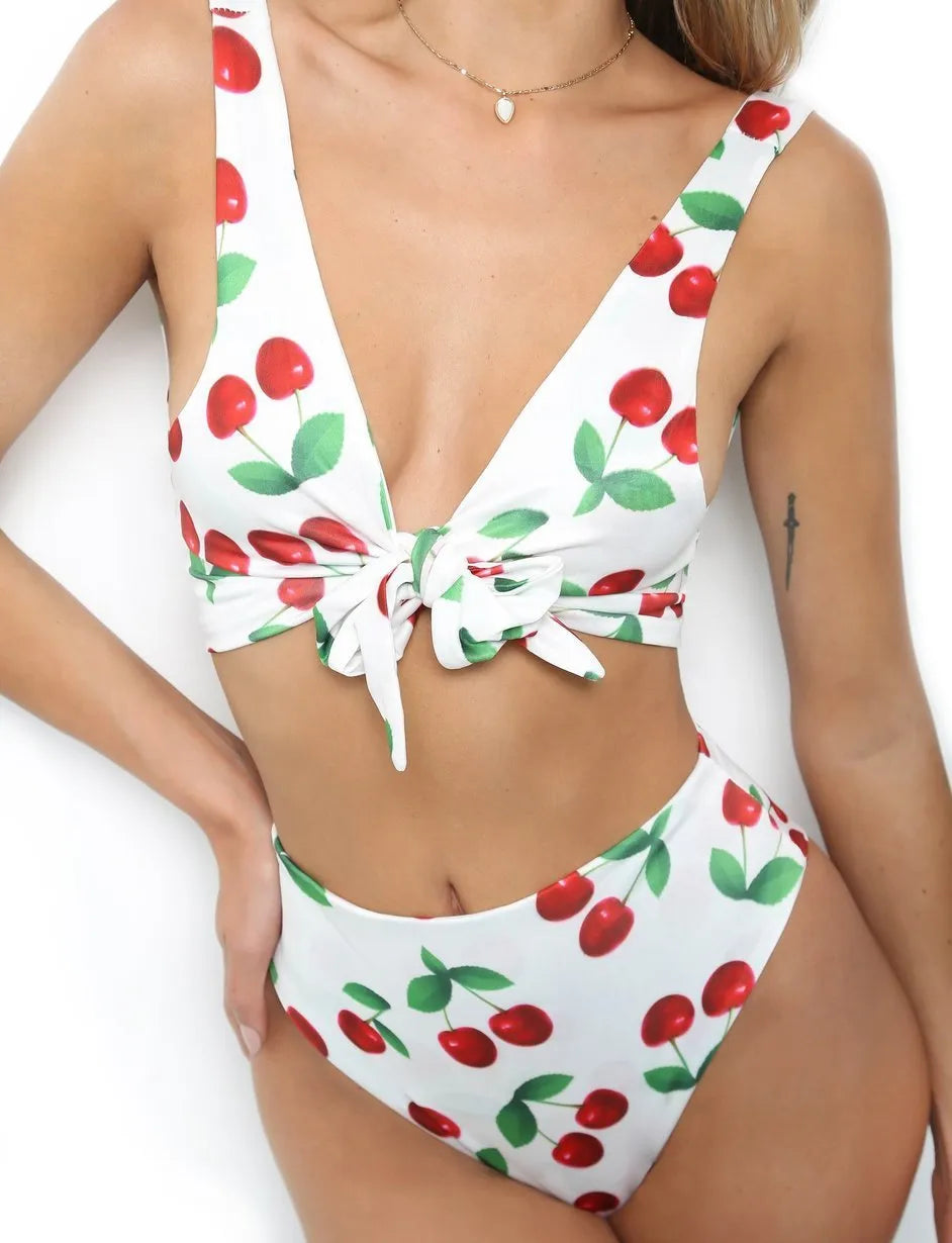 Knotted double-sided bikini swimsuit in polyester spandex, yellow flower orchid white flower, sizes L M S