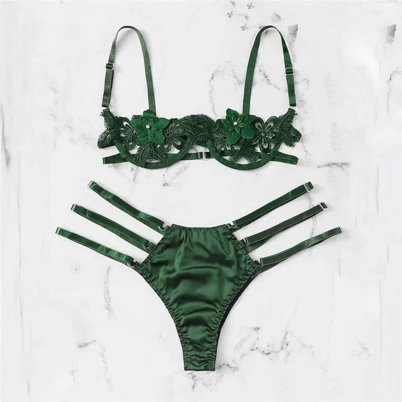 Women's half cup unlined bra and brief set in black with flower pattern and fitted straps