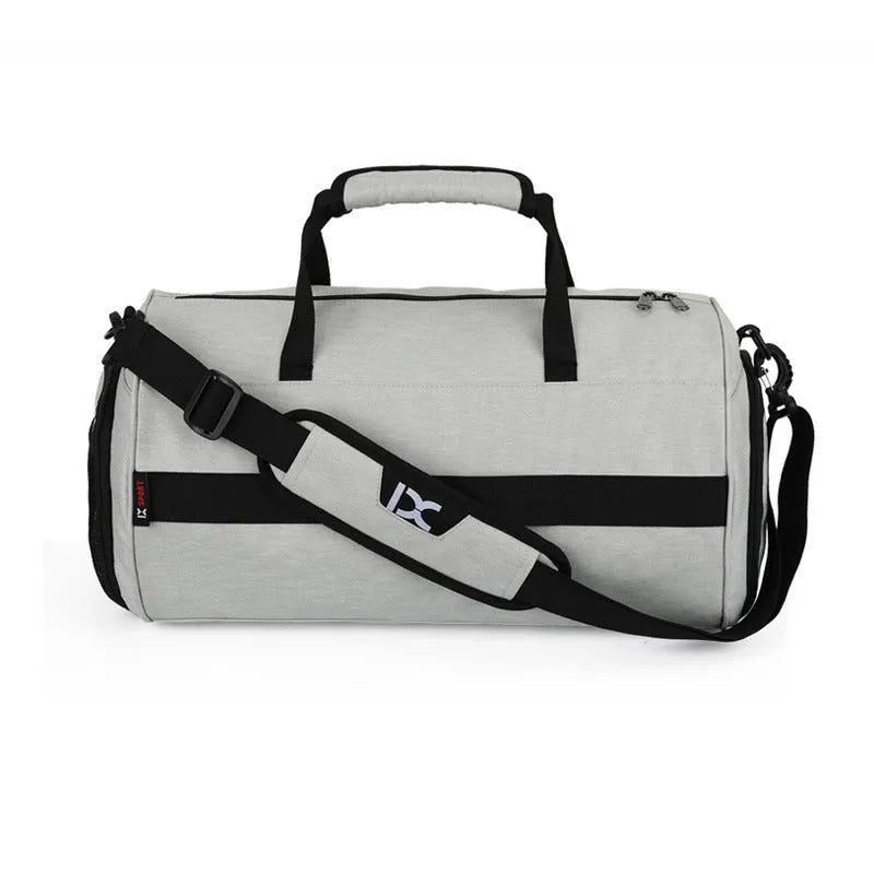 Men sports training bag in black waterproof nylon L size with dry wet separation and trolley strap