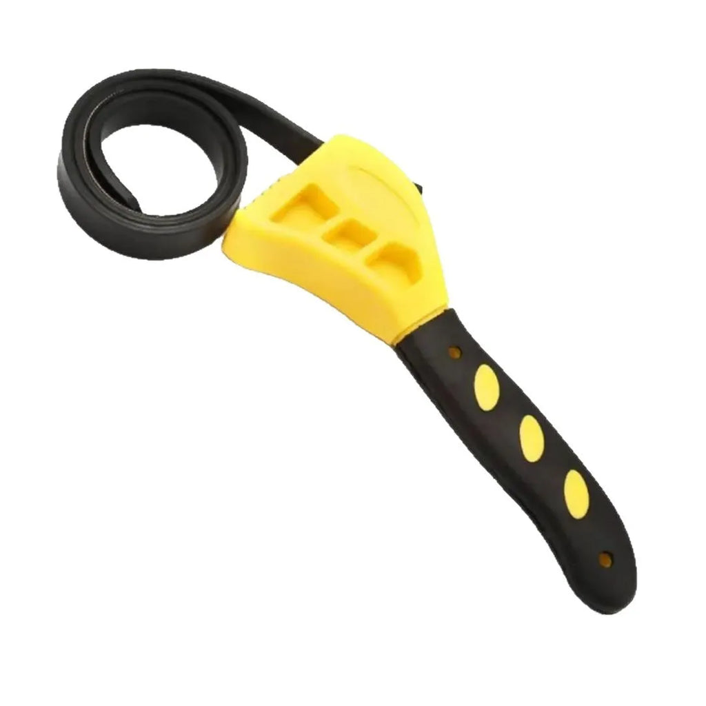 6-inch and 8-inch adjustable rubber strap wrench set with phosphated finish on a workbench.
