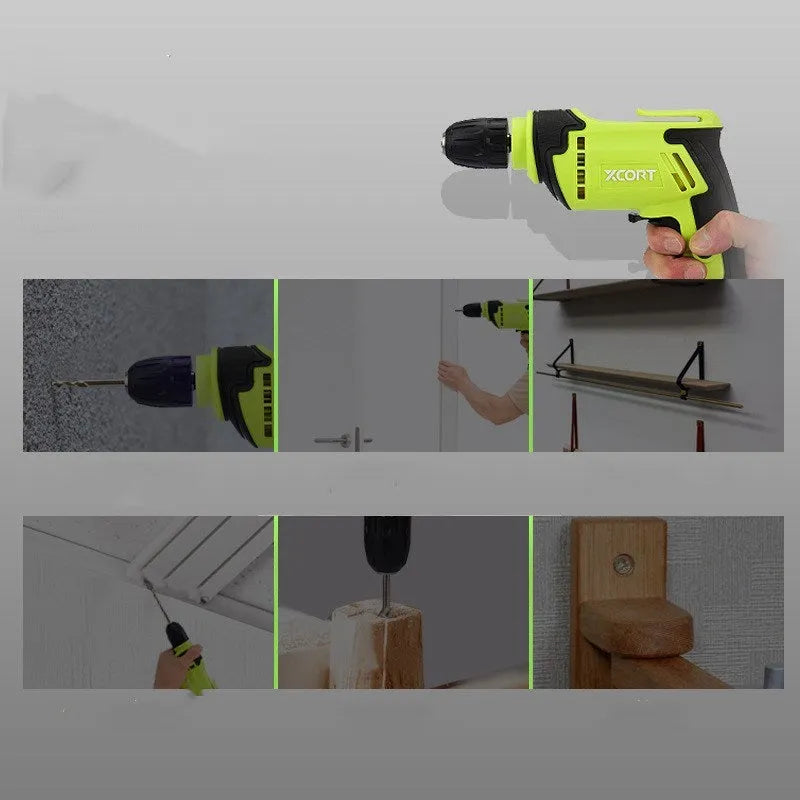 Pistol-grip high-speed 450W electric drill with a black and silver body and keyless chuck.