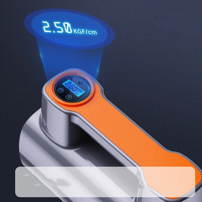 Black portable car tyre inflator with digital LCD screen and USB charging cable on a grey background