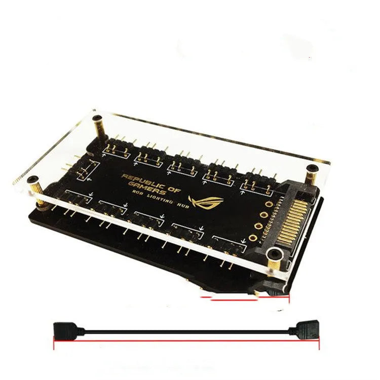 Black AURA RGB One Point Ten hub with multiple 3-pin ports and a SATA power cable for expanding PC case lighting.