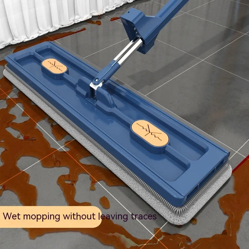 Large blue flat mop with rotating head and long stainless steel handle for hard floor cleaning