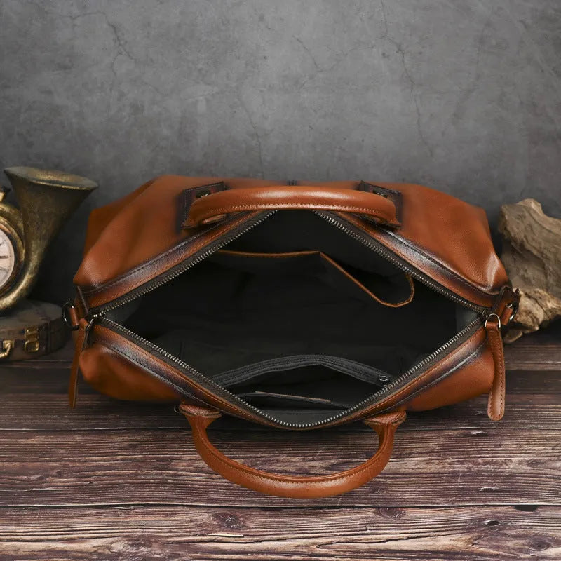 Women's genuine leather handbag in brown, horizontal square shape, with shoulder strap and sandwich pocket