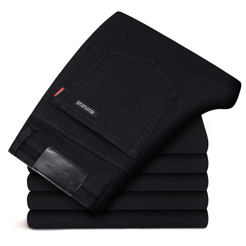 Men's slim straight black denim jeans with mid waist, zip fly and water-washed finish, sizes 28-40