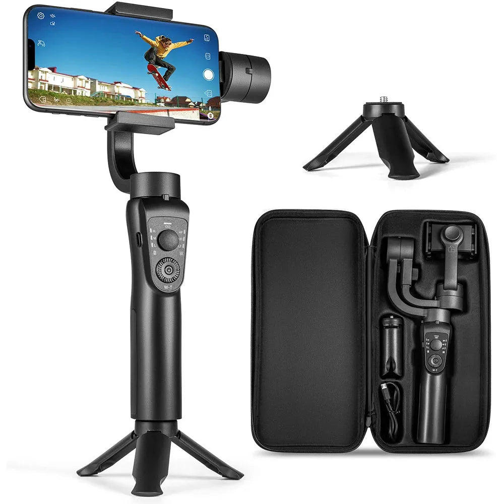 Black three-axis handheld gimbal stabilizer for mobile phones with extended battery and included hard case.