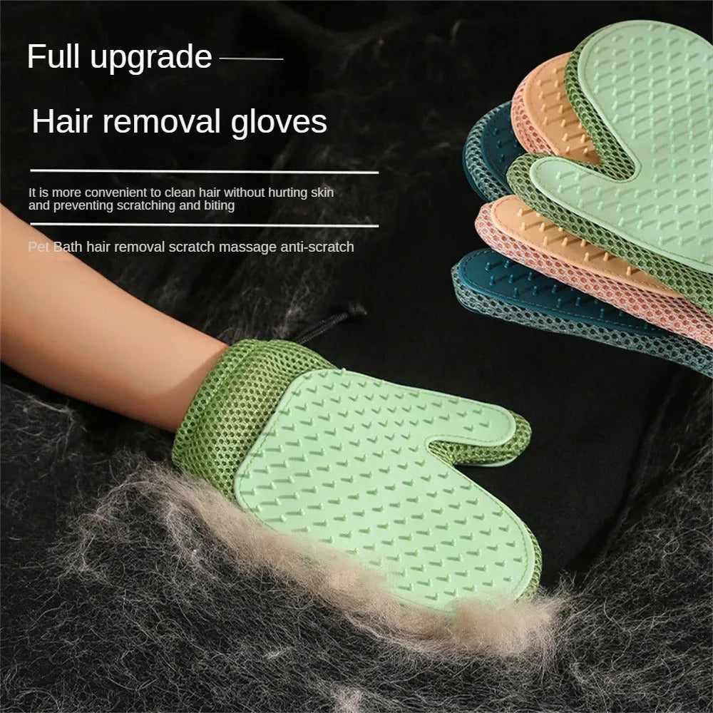 Dark blue mesh pet hair removal glove for grooming cats and dogs on a hand.