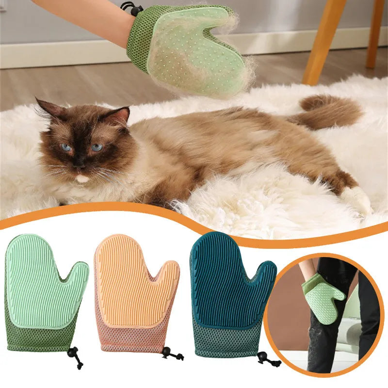 Dark blue mesh pet hair removal glove for grooming cats and dogs on a hand.