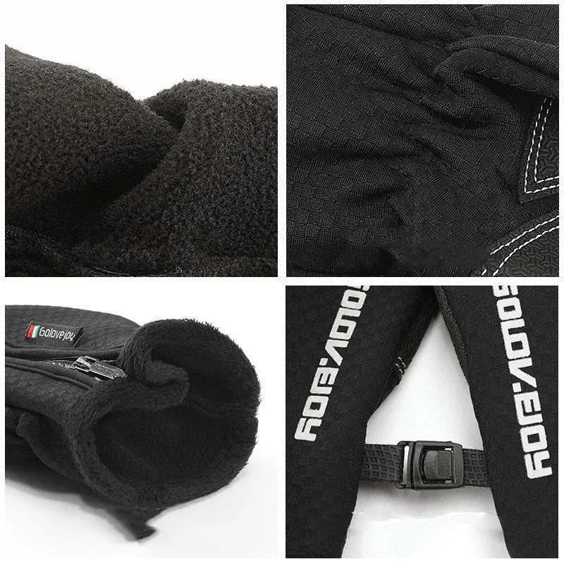 Pair of black polar fleece cycling gloves with split fingers and pattern, winter bike gear