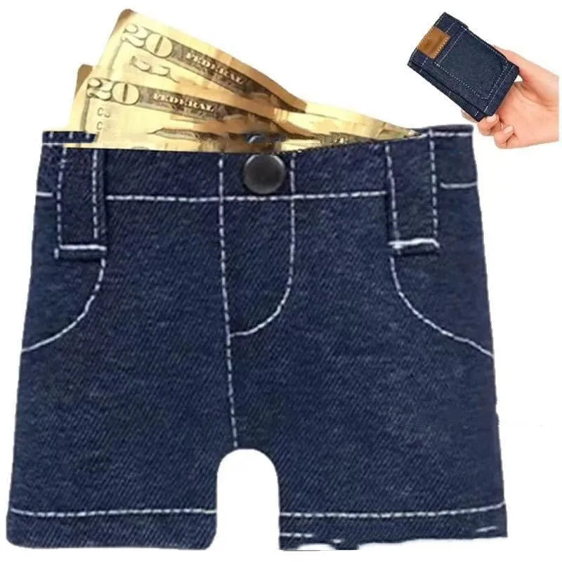 Foldable jeans shape coin purse in blue fabric, American style, compact design