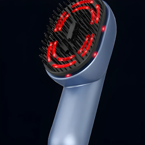 A handheld atomised massage comb with comb teeth, a mist nozzle, and a USB-C charging port on a white background.