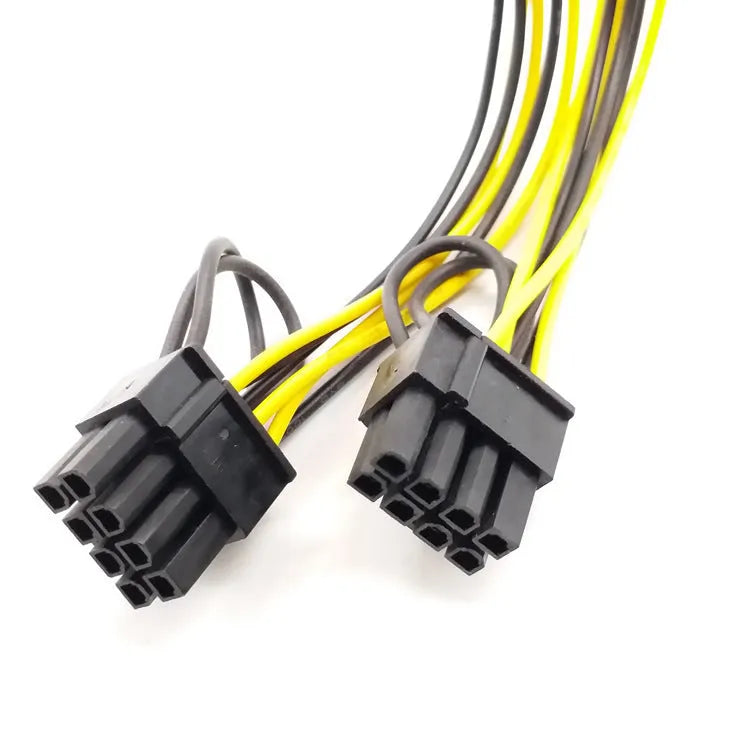 Yellow graphics card power adapter cable with 6-pin plug and two 8-pin (6+2) connectors