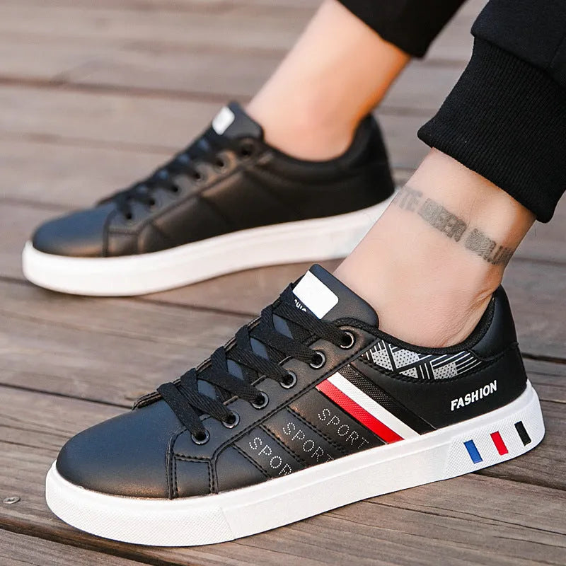 Men's casual sports trainers in black, shown alongside a sizing chart for EU sizes 39 to 44.