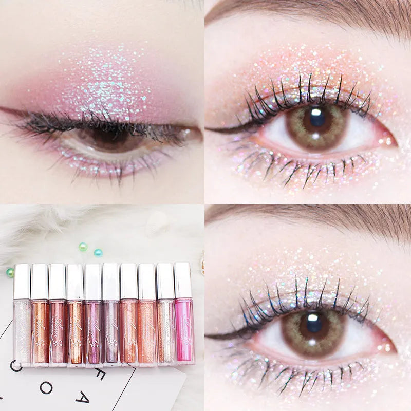 Pearly glitter liquid eye shadow with shimmer finish, shown in one of ten colour options, 3-year shelf life