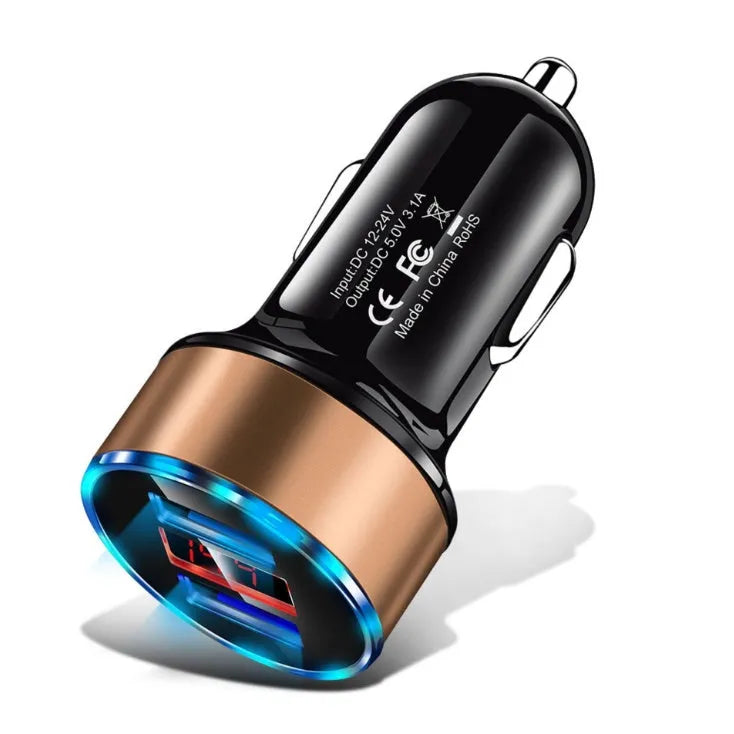 Dual USB car charger with voltage display and aluminium alloy ring in black
