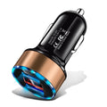 Dual USB car charger with voltage display and aluminium alloy ring in black
