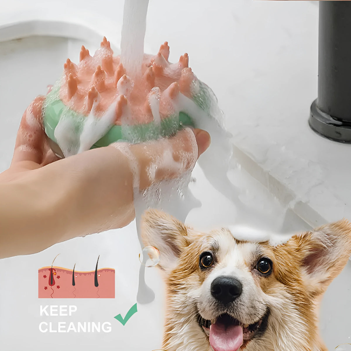 2 in 1 pet bath brush with shampoo dispenser, silicone massage head, non-slip grip, blue or green, 85g