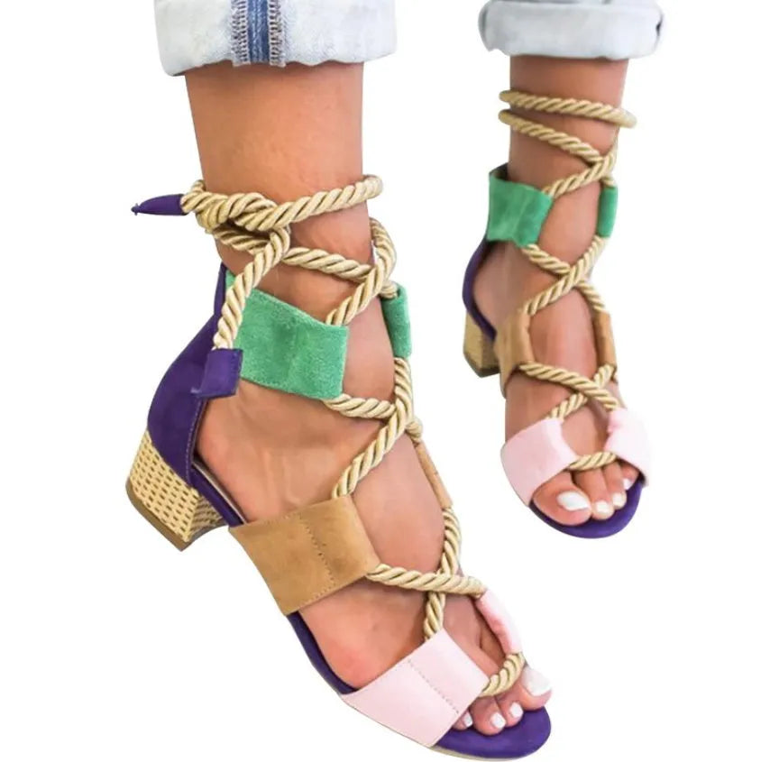 Women's thick heel suede sandals with round toe fish mouth design in colour matching pattern