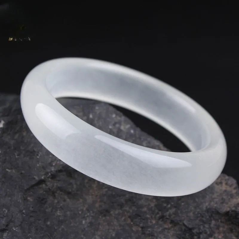 Gao Bing Jade ice-like white moonlight bracelet in flat rod and round rod styles on a neutral background.