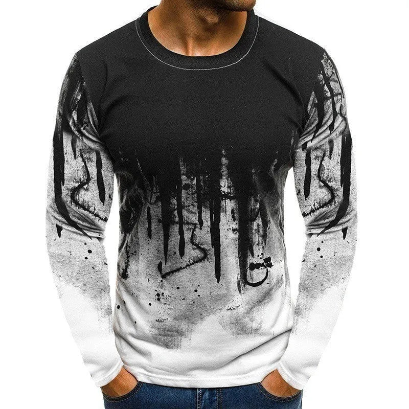 Men's grey long sleeve T-shirt with digital print pattern, autumn winter sports top, sizes S to 6XL