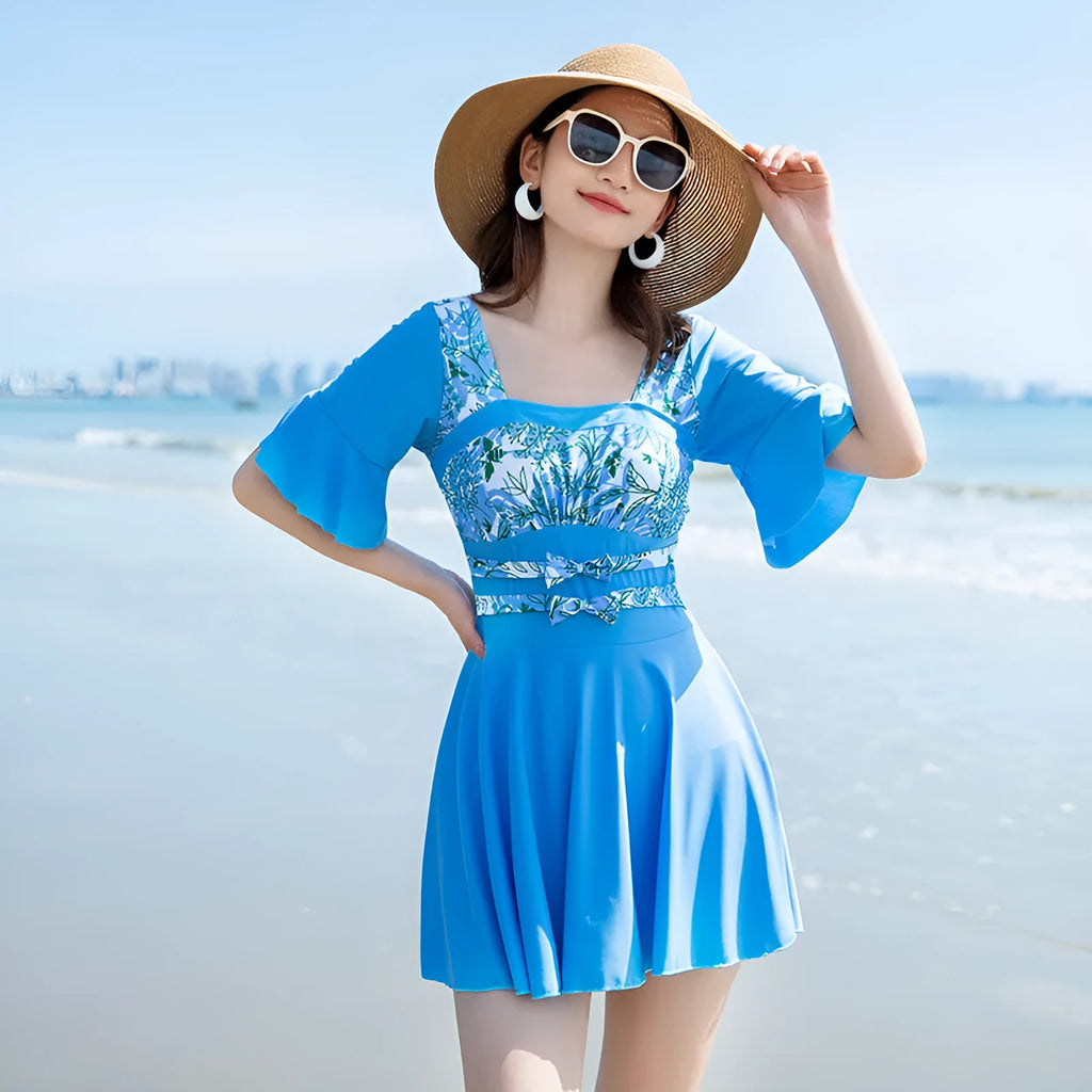 Women's blue seaside printed one-piece swimsuit in chemical fibre blend fabric
