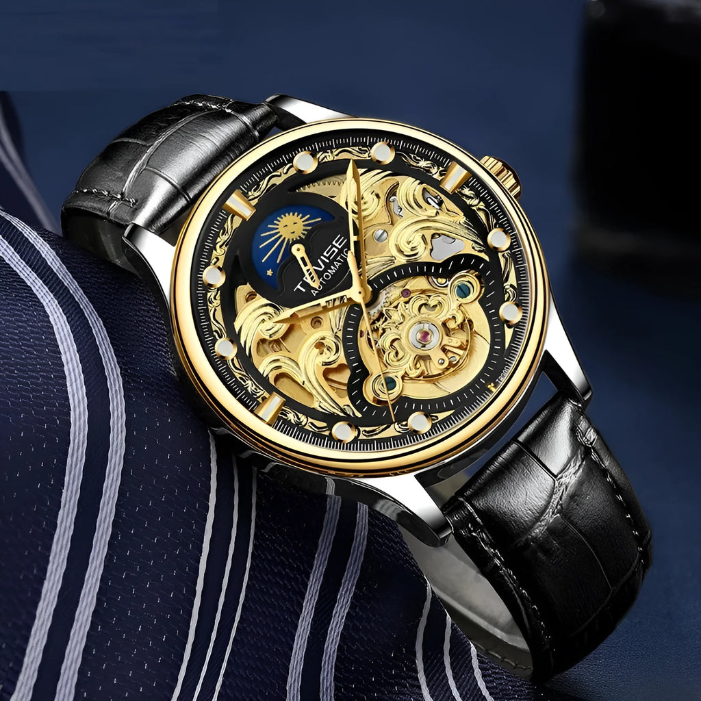 Men's gold and white leather strap automatic waterproof mechanical watch.