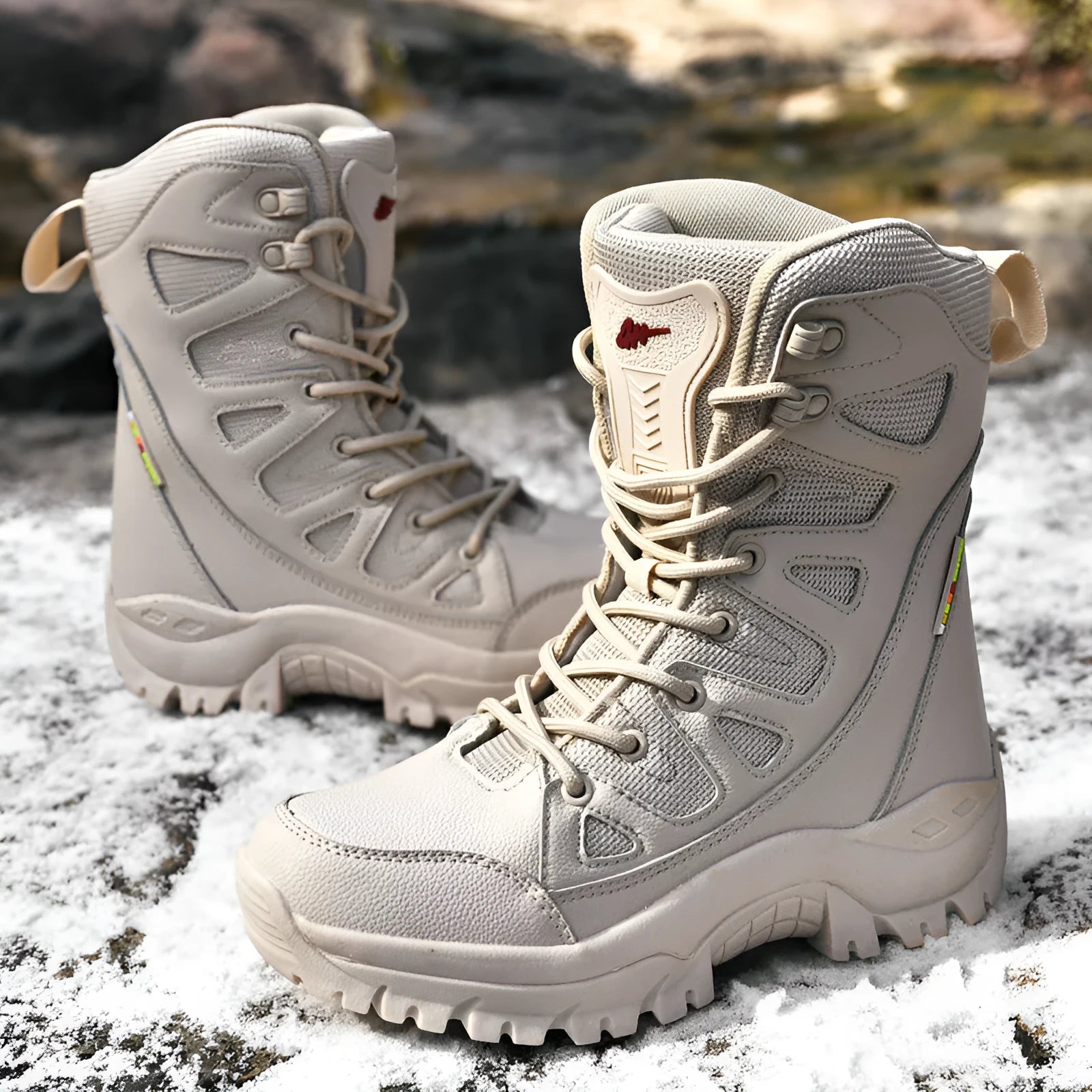 Men's cowhide leather hi-top hiking shoes in beige colour on a rocky outdoor path.