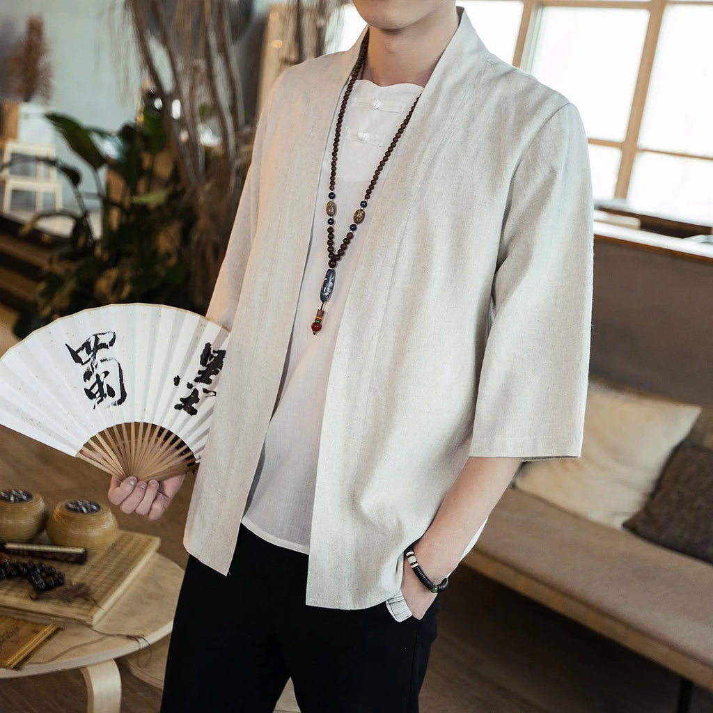 Men's Chinese style cotton linen cardigan shirt with seven-point sleeves, stand collar, and lace-up front in black or hemp colour.