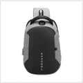 Men's black Oxford crossbody bag with USB charging port and multiple zipped pockets.