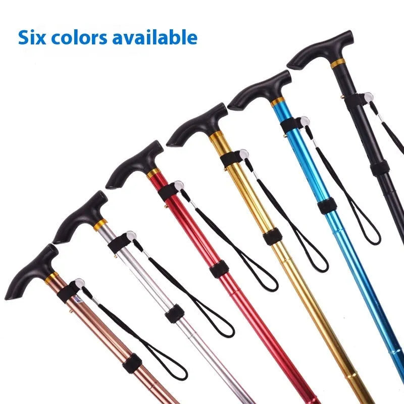 Aluminum alloy folding walking stick in black, shown extended and folded, with non-slip handle.