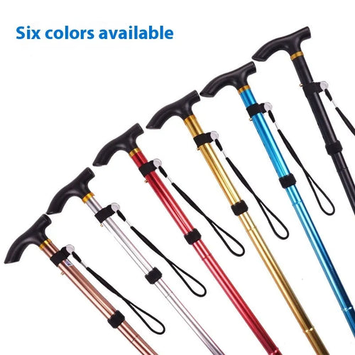 Aluminium alloy folding walking cane with non-slip handle, shown in an adjustable length from 85 to 95 cm.