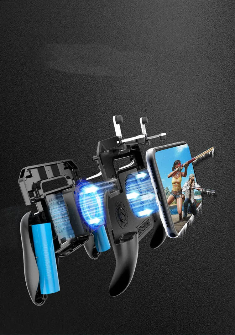 USB mobile game controller for smartphones with aluminium alloy construction on a dark surface.