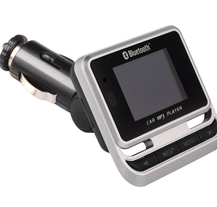 Silver car Bluetooth MP3 player with monochrome screen and ABS plastic body