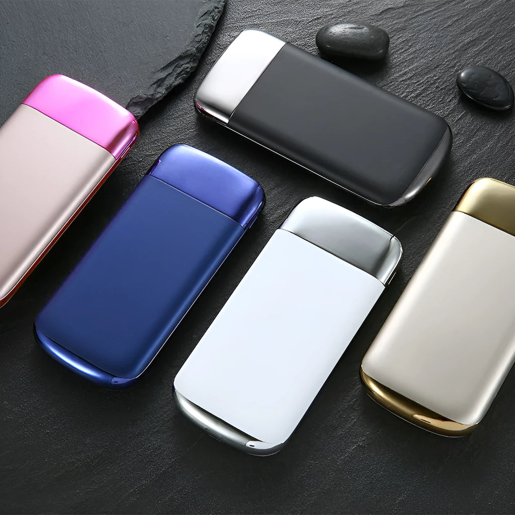 Portable power bank with LCD display showing battery percentage and two USB charging ports