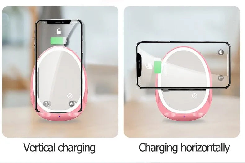 White vertical wireless charger with vanity mirror and fill light, 125x94x30mm, Micro USB, 5W charging
