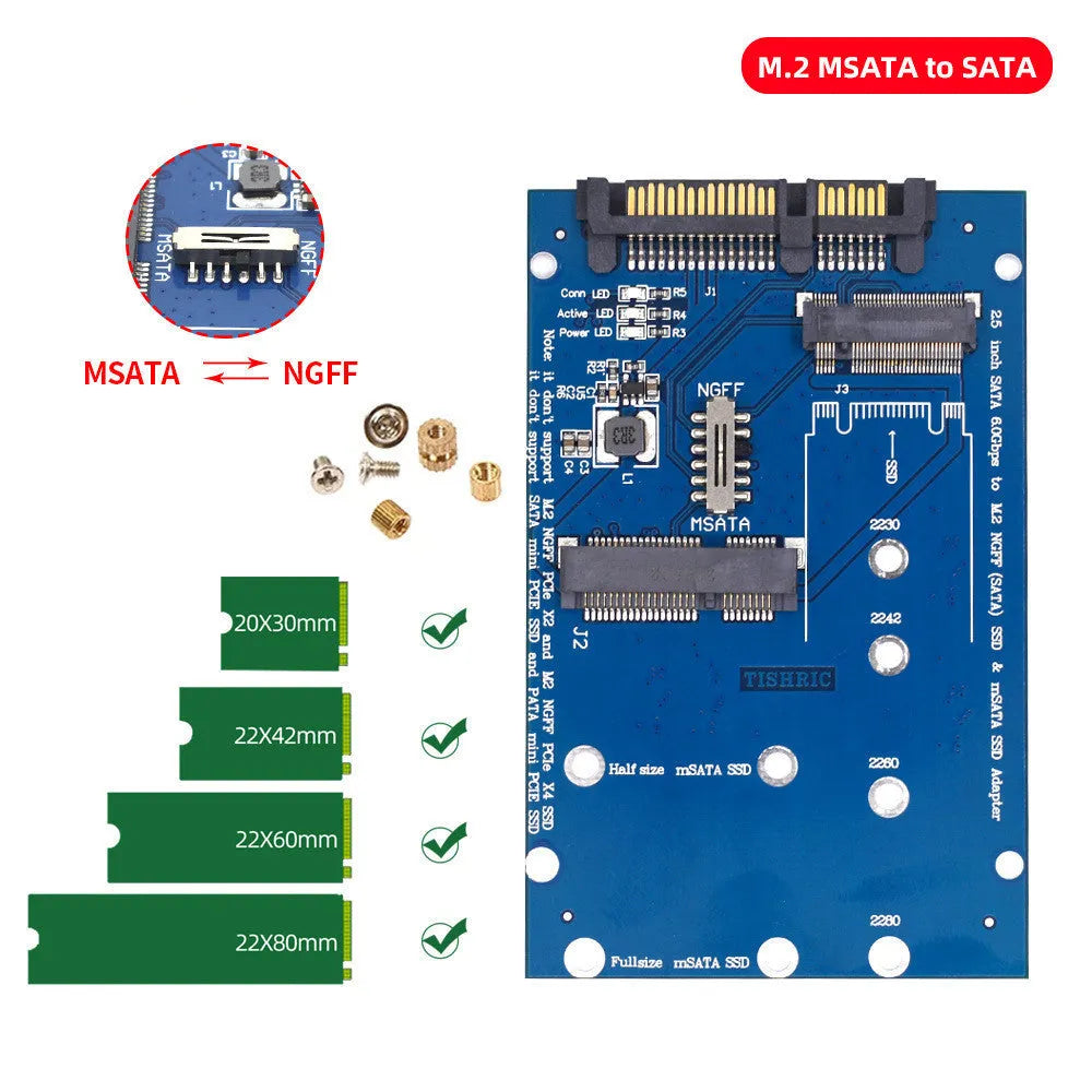 Black and blue SATA3 to M.2 NGFF mSATA SSD adapter conversion card on a static bag.