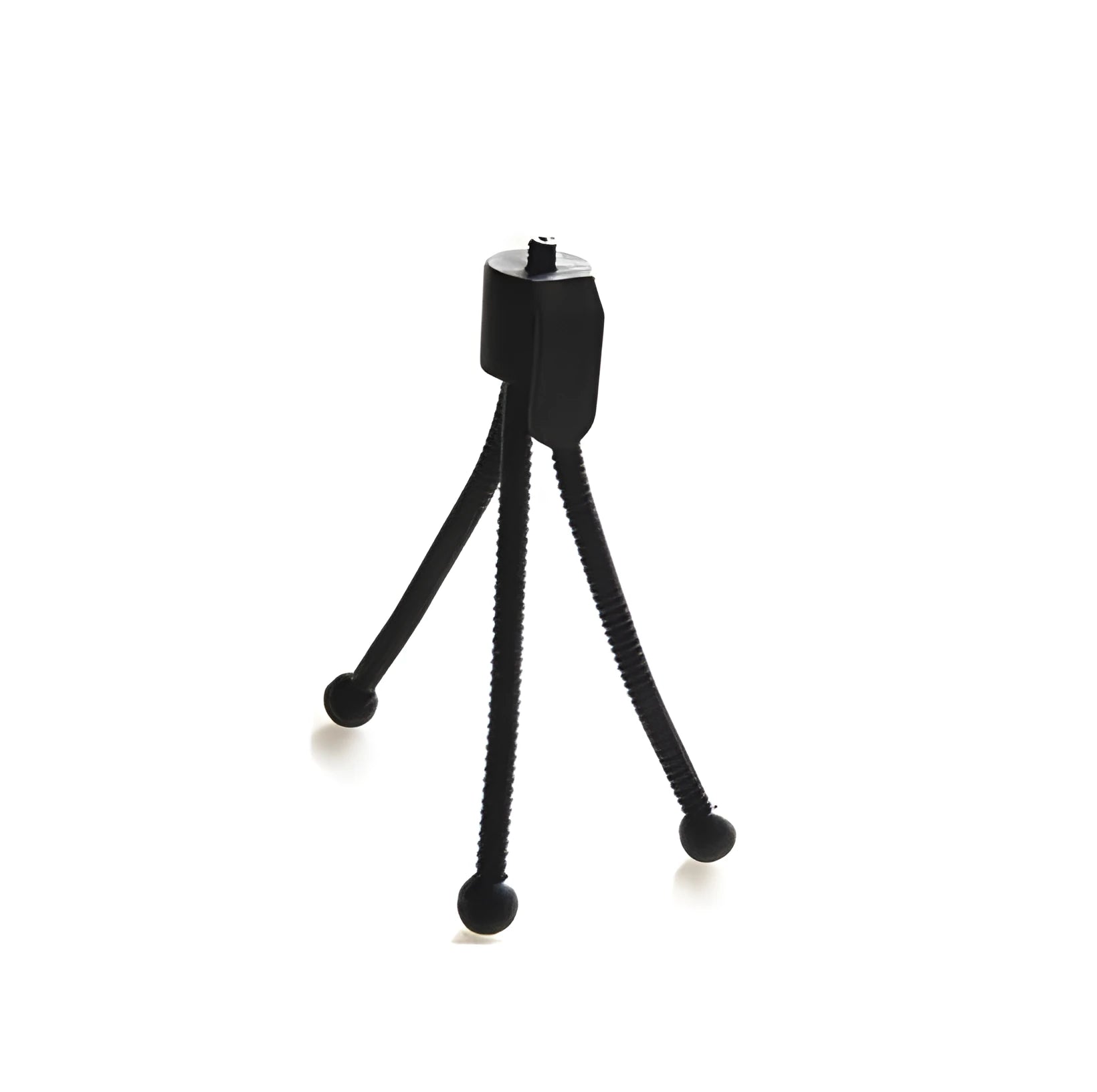 Small black iron mini tripod with ball head, shown folded to 110mm next to a smartphone.