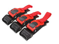 Three black and red plastic helmet chin strap quick-release buckles with buckle mechanism visible