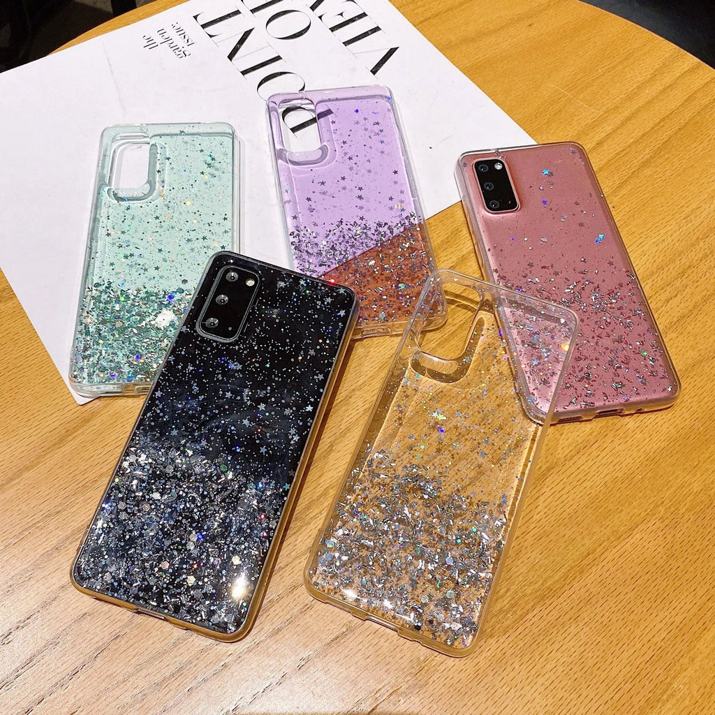 Starry sky silver foil epoxy TPU phone case for iPhone, available in five colours including black, green, pink, purple, transparent