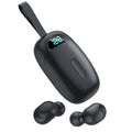 Black Bluetooth 5.1 true wireless stereo headphones with charging case showing battery display