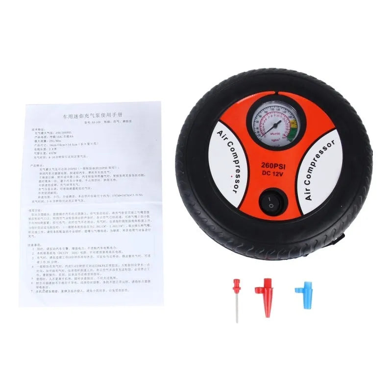 Black mini air pump with ABS plastic body and compact 17x17x6cm size